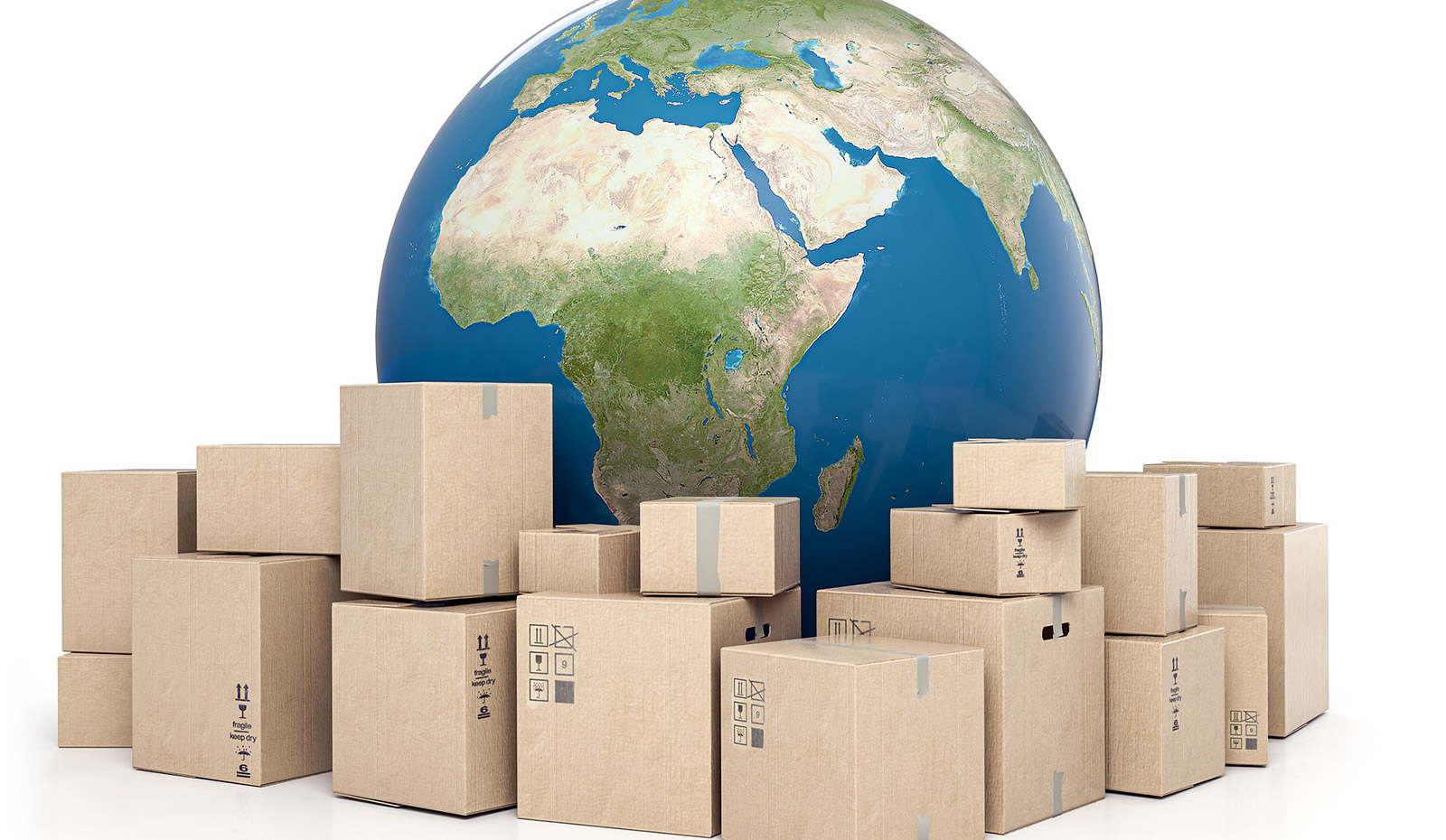 International packages arranged around a large globe.